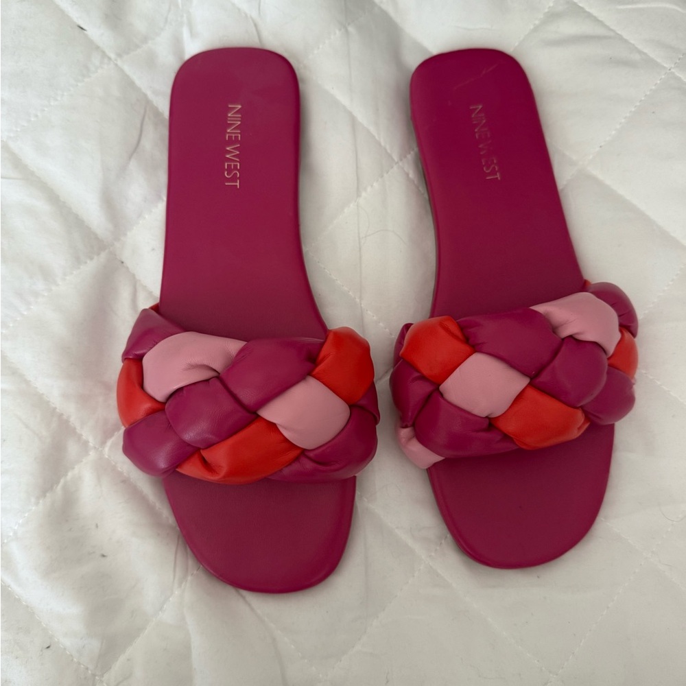 Nine West Women's Pink and Red Braided Slide Sandals